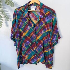 Vtg C.M. Shapes Button Up Blouse Dopamine Dressing 90s Abstract Plaid 3X Multi